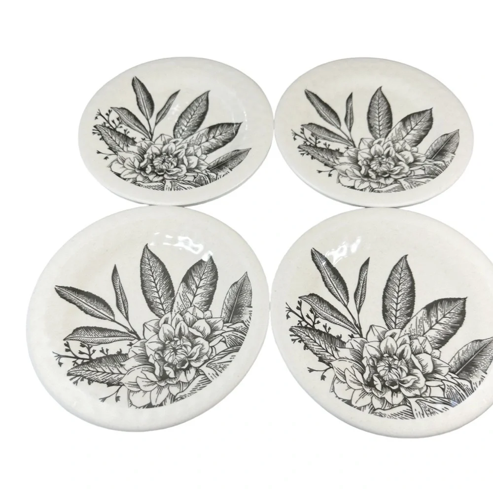 NEW Demdaco BLACK FLORAL Melamine Appetizer Plate Set/4